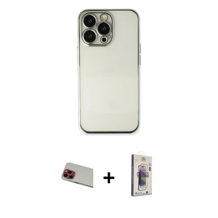 MARSİLYAN™- iPhone 13 Pro Max Kılıf Vadi Minimal - Siyah Bilvis 3D Cam Ekran Koruyucu + Rainbow Kamera Lens Koruma Cam - KI