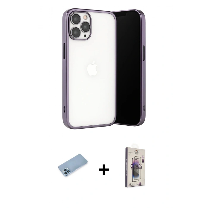 MARSİLYAN™- iPhone 13 Pro Max Kılıf Vadi Minimal - Siyah Bilvis 3D Cam Ekran Koruyucu + Mavi Shine Kamera Lens Koruma Cam