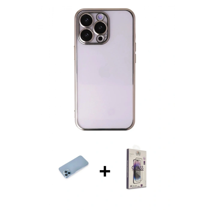 MARSİLYAN™- iPhone 13 Pro Max Kılıf Vadi Minimal - Siyah Bilvis 3D Cam Ekran Koruyucu + Mavi Shine Kamera Lens Koruma Cam