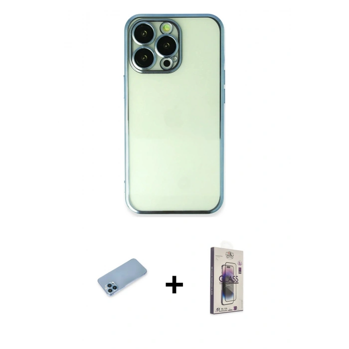 MARSİLYAN™- iPhone 13 Pro Max Kılıf Vadi Minimal - Siyah Bilvis 3D Cam Ekran Koruyucu + Mavi Shine Kamera Lens Koruma Cam