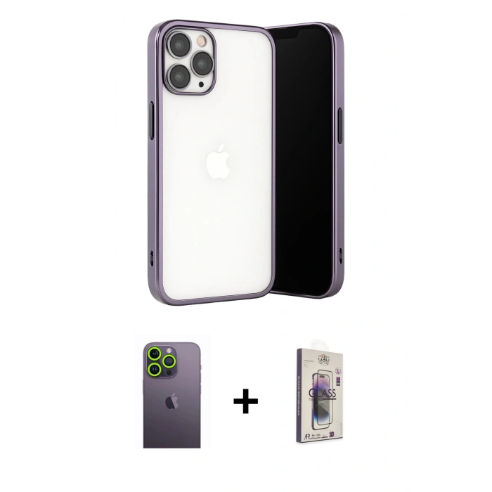 MARSİLYAN™- iPhone 13 Pro Max Kılıf Vadi Minimal - Siyah Bilvis 3D Cam Ekran Koruyucu + Neon Fosforlu Kamera Lens - YL