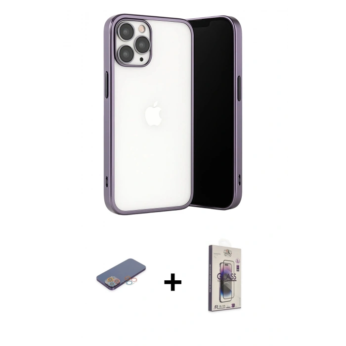 MARSİLYAN™- iPhone 13 Pro Max Kılıf Vadi Minimal - Siyah Bilvis 3D Cam Ekran Koruyucu + Renkli Kamera Lens Koruma Cam - PE