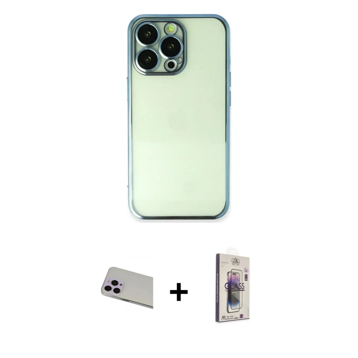 MARSİLYAN™- iPhone 13 Pro Max Kılıf Vadi Minimal - Siyah Bilvis 3D Cam Ekran Koruyucu + Rainbow Kamera Lens Koruma Cam - MR
