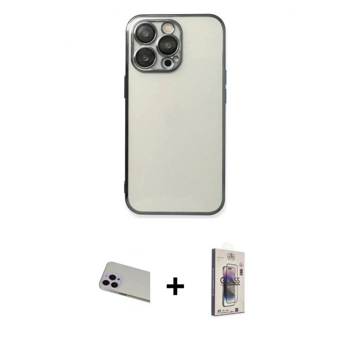 MARSİLYAN™- iPhone 13 Pro Max Kılıf Vadi Minimal - Siyah Bilvis 3D Cam Ekran Koruyucu + Rainbow Kamera Lens Koruma Cam - MR