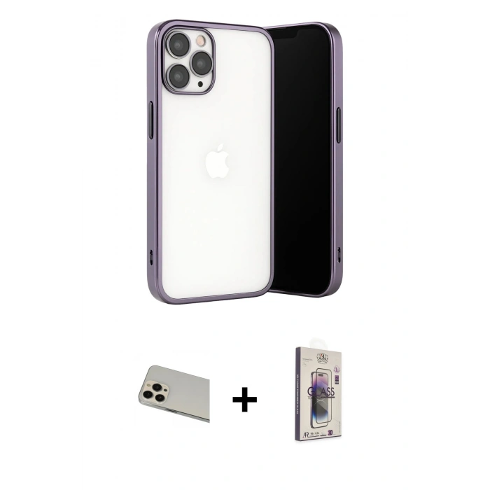 MARSİLYAN™- iPhone 13 Pro Max Kılıf Vadi Minimal - Siyah Bilvis 3D Cam Ekran Koruyucu + Rainbow Kamera Lens Koruma Cam - REGD