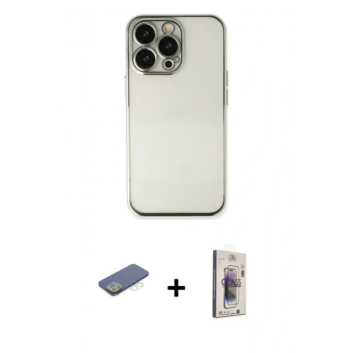 MARSİLYAN™- iPhone 13 Pro Max Kılıf Vadi Minimal - Siyah Bilvis 3D Cam Ekran Koruyucu + Renkli Kamera Lens Koruma Cam - YL