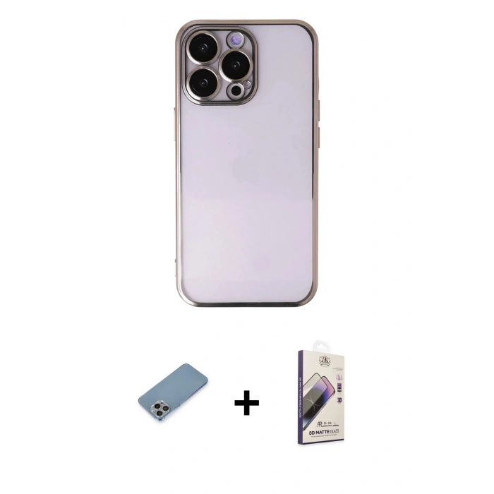 MARSİLYAN™- iPhone 13 Pro Max Kılıf Vadi Minimal - Siyah Bilvis 3D Mat Cam Ekran Koruyucu + Shine Kamera Lens Koruma Cam - GI