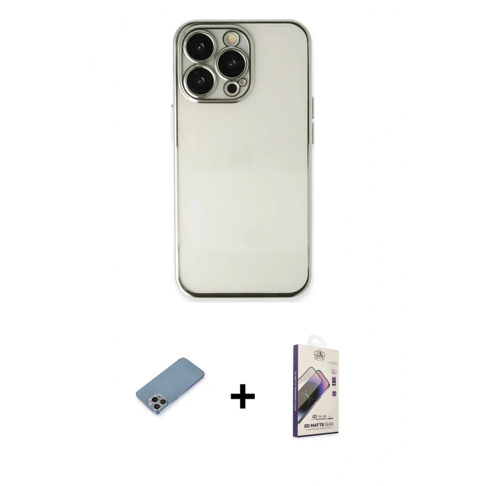 MARSİLYAN™- iPhone 13 Pro Max Kılıf Vadi Minimal - Siyah Bilvis 3D Mat Cam Ekran Koruyucu + Shine Kamera Lens Koruma Cam - GI