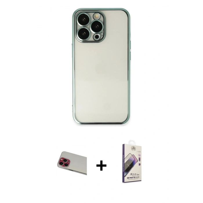 MARSİLYAN™- iPhone 13 Pro Max Kılıf Vadi Minimal - Siyah Bilvis 3D Mat Cam Ekran Koruyucu + Kırmızı Rainbow Kamera Lens Koruma Cam