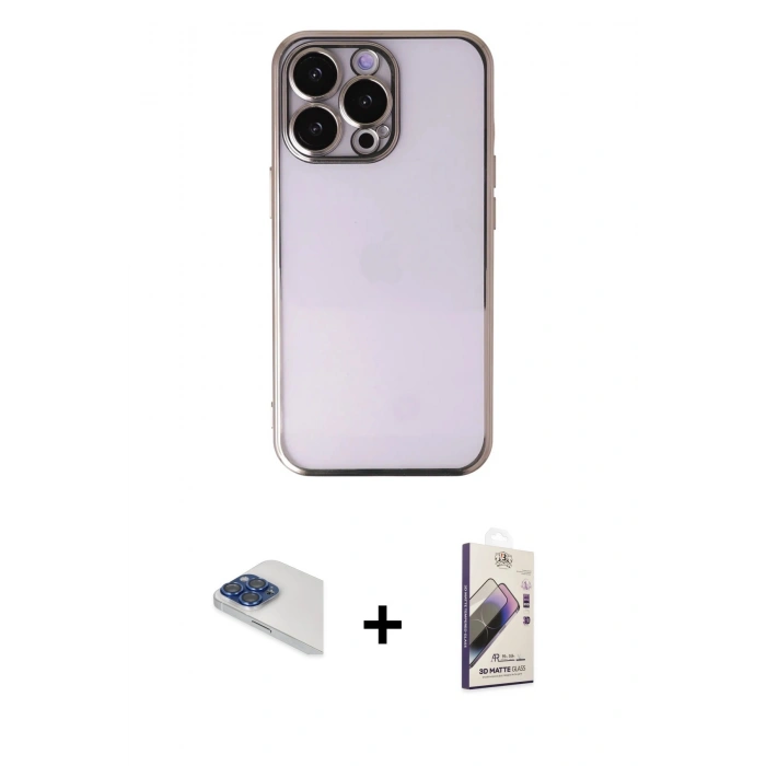 MARSİLYAN™- iPhone 13 Pro Max Kılıf Vadi Minimal - Siyah Bilvis 3D Mat Cam Ekran Koruyucu + Lacivert Pers Alüminyum Kamera Lens