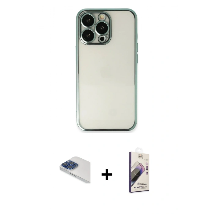 MARSİLYAN™- iPhone 13 Pro Max Kılıf Vadi Minimal - Siyah Bilvis 3D Mat Cam Ekran Koruyucu + Lacivert Pers Alüminyum Kamera Lens