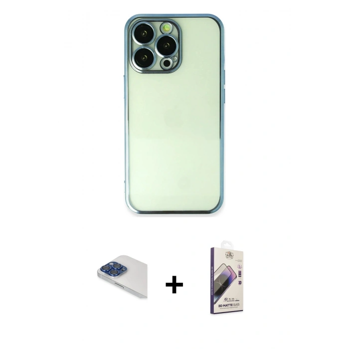 MARSİLYAN™- iPhone 13 Pro Max Kılıf Vadi Minimal - Siyah Bilvis 3D Mat Cam Ekran Koruyucu + Lacivert Pers Alüminyum Kamera Lens