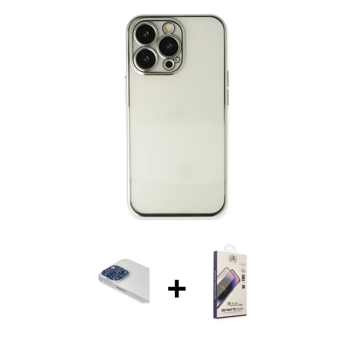 MARSİLYAN™- iPhone 13 Pro Max Kılıf Vadi Minimal - Siyah Bilvis 3D Mat Cam Ekran Koruyucu + Lacivert Pers Alüminyum Kamera Lens