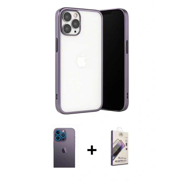 MARSİLYAN™- iPhone 13 Pro Max Kılıf Vadi Minimal - Siyah Bilvis 3D Mat Cam Ekran Koruyucu + Neon Fosforlu Kamera Lens - MI