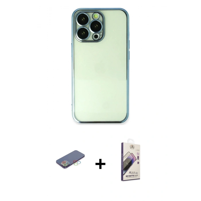MARSİLYAN™- iPhone 13 Pro Max Kılıf Vadi Minimal - Siyah Bilvis 3D Mat Cam Ekran Koruyucu + Mavi Renkli Kamera Lens Koruma Cam