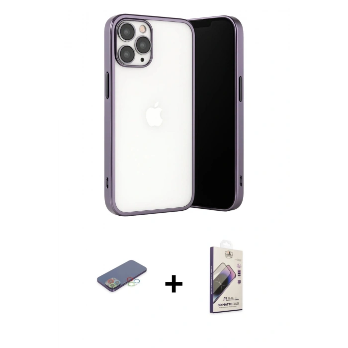 MARSİLYAN™- iPhone 13 Pro Max Kılıf Vadi Minimal - Siyah Bilvis 3D Mat Cam Ekran Koruyucu + Mavi Renkli Kamera Lens Koruma Cam