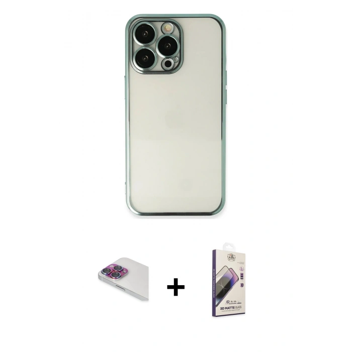 MARSİLYAN™- iPhone 13 Pro Max Kılıf Vadi Minimal - Siyah Bilvis 3D Mat Cam Ekran Koruyucu + Pers Alüminyum Kamera Lens - GI
