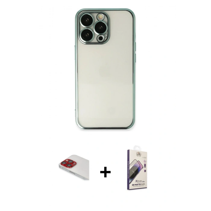 MARSİLYAN™- iPhone 13 Pro Max Kılıf Vadi Minimal - Siyah Bilvis 3D Mat Cam Ekran Koruyucu + Pers Alüminyum Kamera Lens - KI