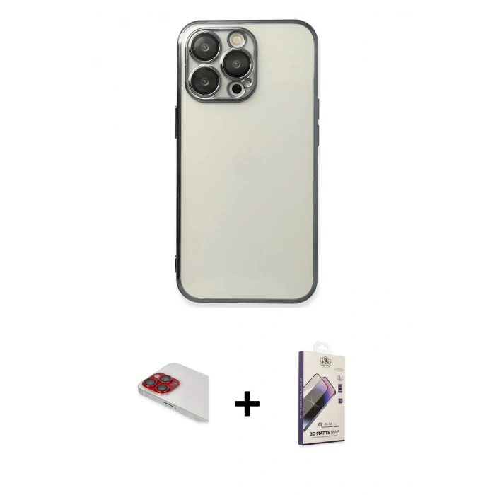MARSİLYAN™- iPhone 13 Pro Max Kılıf Vadi Minimal - Siyah Bilvis 3D Mat Cam Ekran Koruyucu + Pers Alüminyum Kamera Lens - KI