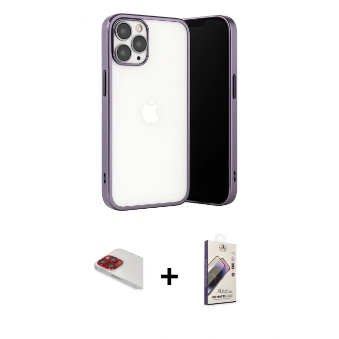 MARSİLYAN™- iPhone 13 Pro Max Kılıf Vadi Minimal - Siyah Bilvis 3D Mat Cam Ekran Koruyucu + Pers Alüminyum Kamera Lens - KI