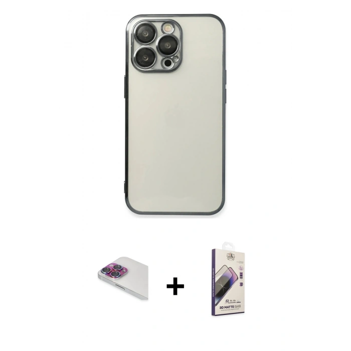 MARSİLYAN™- iPhone 13 Pro Max Kılıf Vadi Minimal - Siyah Bilvis 3D Mat Cam Ekran Koruyucu + Pers Alüminyum Kamera Lens - GI