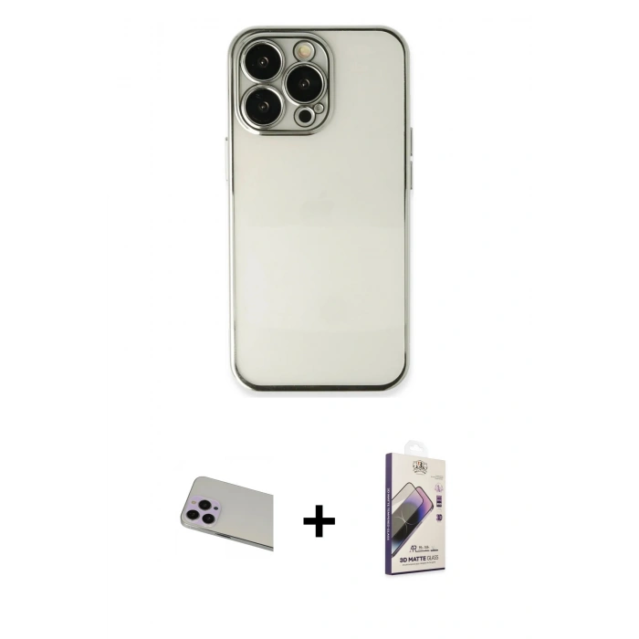 MARSİLYAN™- iPhone 13 Pro Max Kılıf Vadi Minimal - Siyah Bilvis 3D Mat Cam Ekran Koruyucu + Rainbow Kamera Lens Koruma Cam - MR