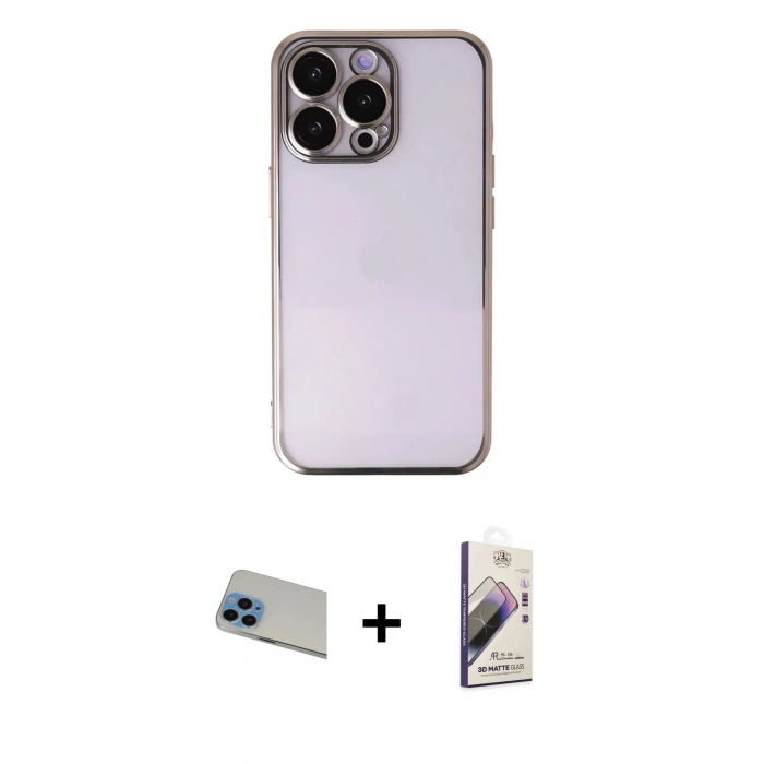 MARSİLYAN™- iPhone 13 Pro Max Kılıf Vadi Minimal - Siyah Bilvis 3D Mat Cam Ekran Koruyucu + Rainbow Kamera Lens Koruma Cam - MI