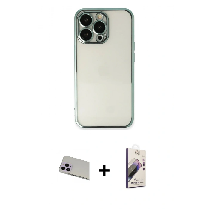 MARSİLYAN™- iPhone 13 Pro Max Kılıf Vadi Minimal - Siyah Bilvis 3D Mat Cam Ekran Koruyucu + Rainbow Kamera Lens Koruma Cam - MR