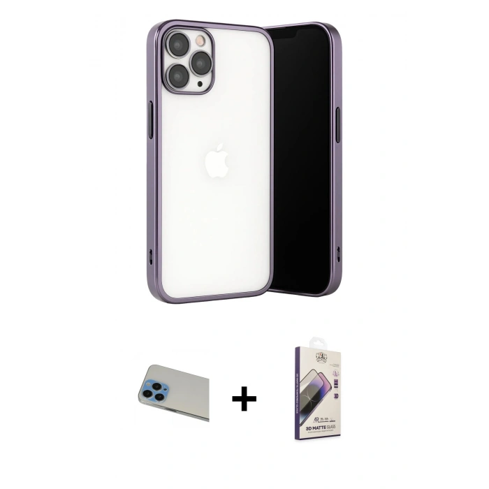MARSİLYAN™- iPhone 13 Pro Max Kılıf Vadi Minimal - Siyah Bilvis 3D Mat Cam Ekran Koruyucu + Rainbow Kamera Lens Koruma Cam - MI