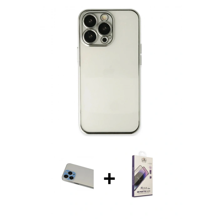 MARSİLYAN™- iPhone 13 Pro Max Kılıf Vadi Minimal - Siyah Bilvis 3D Mat Cam Ekran Koruyucu + Rainbow Kamera Lens Koruma Cam - MI