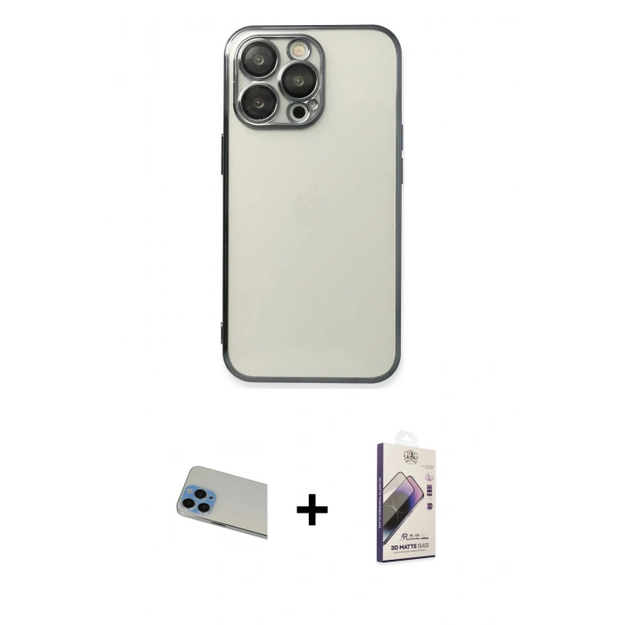 MARSİLYAN™- iPhone 13 Pro Max Kılıf Vadi Minimal - Siyah Bilvis 3D Mat Cam Ekran Koruyucu + Rainbow Kamera Lens Koruma Cam - MI