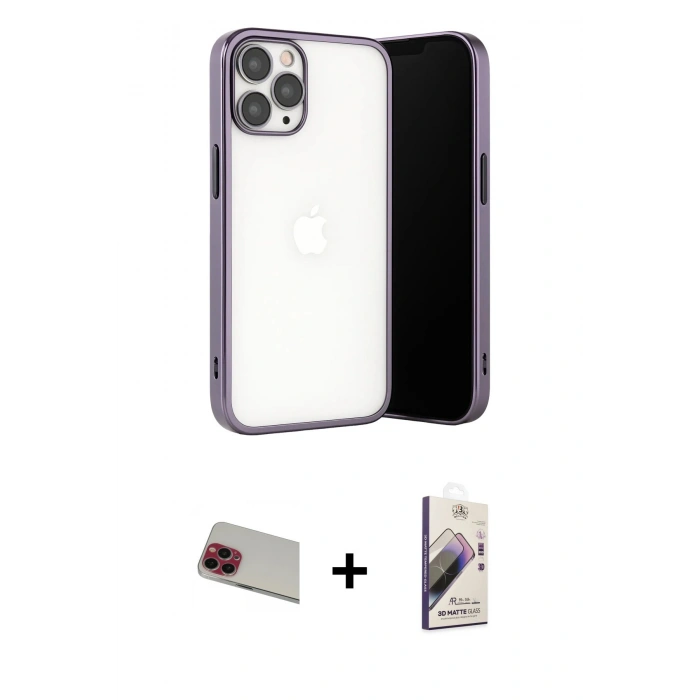 MARSİLYAN™- iPhone 13 Pro Max Kılıf Vadi Minimal - Siyah Bilvis 3D Mat Cam Ekran Koruyucu + Rainbow Kamera Lens Koruma Cam - KI