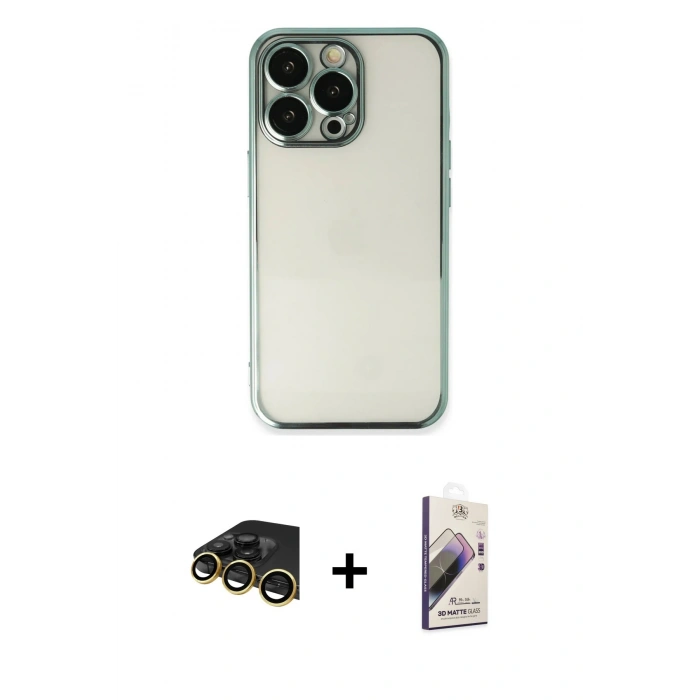 MARSİLYAN™- iPhone 13 Pro Max Kılıf Vadi Minimal - Siyah Bilvis 3D Mat Cam Ekran Koruyucu + Raze Metal Kamera Lens - GD