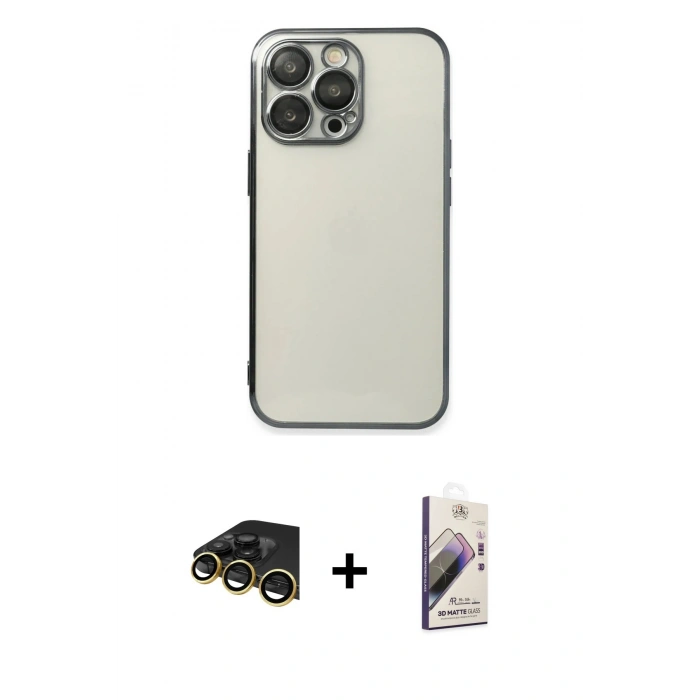 MARSİLYAN™- iPhone 13 Pro Max Kılıf Vadi Minimal - Siyah Bilvis 3D Mat Cam Ekran Koruyucu + Raze Metal Kamera Lens - GD