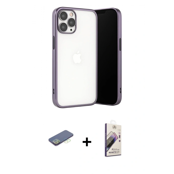 MARSİLYAN™- iPhone 13 Pro Max Kılıf Vadi Minimal - Siyah Bilvis 3D Mat Cam Ekran Koruyucu + Renkli Kamera Lens Koruma Cam - YL