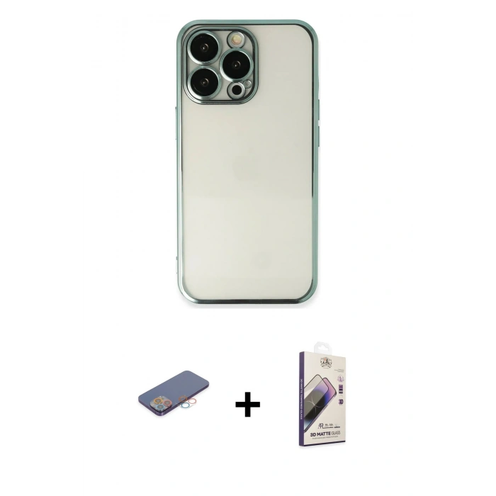 MARSİLYAN™- iPhone 13 Pro Max Kılıf Vadi Minimal - Siyah Bilvis 3D Mat Cam Ekran Koruyucu + Renkli Kamera Lens Koruma Cam - PE