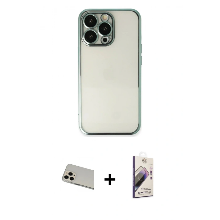 MARSİLYAN™- iPhone 13 Pro Max Kılıf Vadi Minimal - Siyah Bilvis 3D Mat Cam Ekran Koruyucu + Rose Gold Rainbow Kamera Lens Koruma Cam