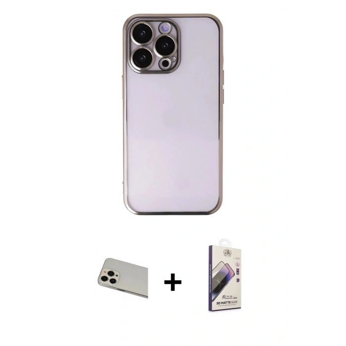 MARSİLYAN™- iPhone 13 Pro Max Kılıf Vadi Minimal - Siyah Bilvis 3D Mat Cam Ekran Koruyucu + Rose Gold Rainbow Kamera Lens Koruma Cam