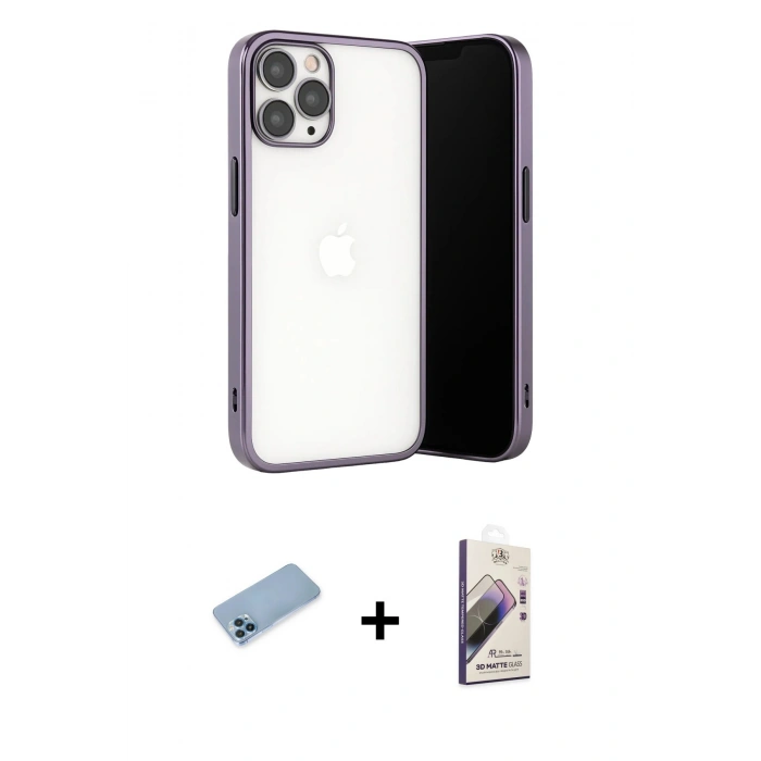 MARSİLYAN™- iPhone 13 Pro Max Kılıf Vadi Minimal - Siyah Bilvis 3D Mat Cam Ekran Koruyucu + Shine Kamera Lens Koruma Cam - MI