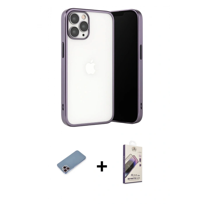 MARSİLYAN™- iPhone 13 Pro Max Kılıf Vadi Minimal - Siyah Bilvis 3D Mat Cam Ekran Koruyucu + Shine Kamera Lens Koruma Cam - PE