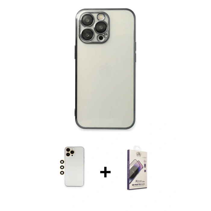 MARSİLYAN™- iPhone 13 Pro Max Kılıf Vadi Minimal - Siyah Bilvis 3D Mat Cam Ekran Koruyucu + Shine Kamera Lens - GD