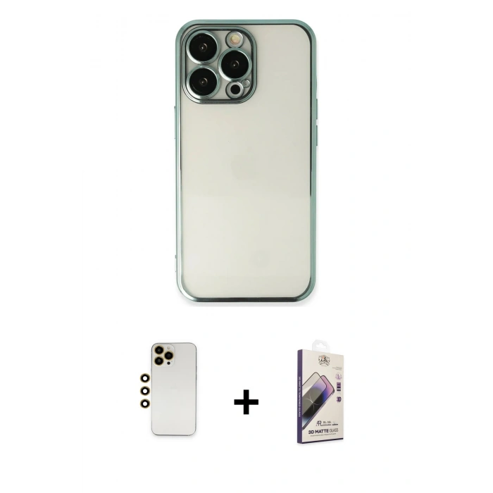 MARSİLYAN™- iPhone 13 Pro Max Kılıf Vadi Minimal - Siyah Bilvis 3D Mat Cam Ekran Koruyucu + Shine Kamera Lens - GD