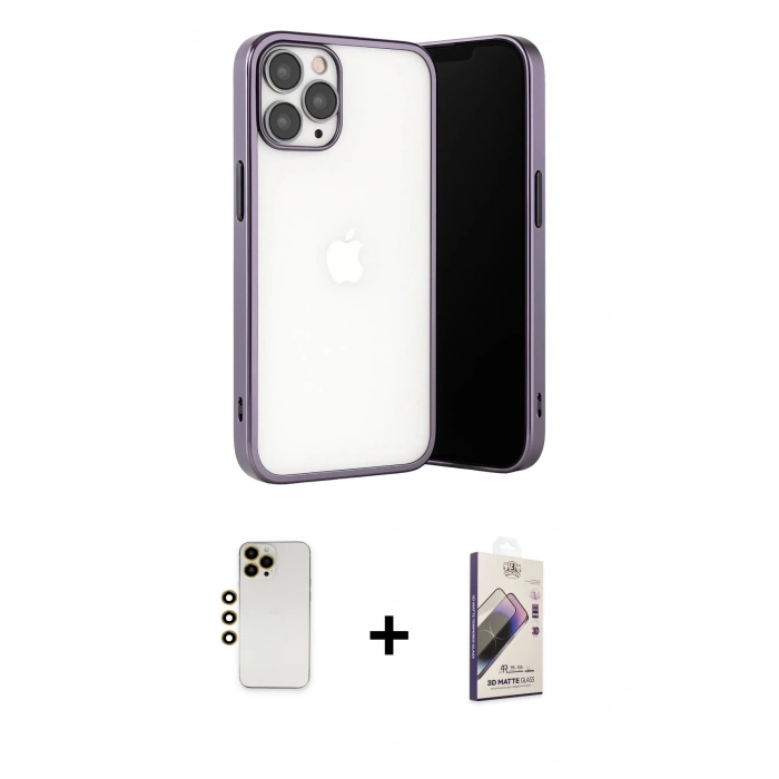 MARSİLYAN™- iPhone 13 Pro Max Kılıf Vadi Minimal - Siyah Bilvis 3D Mat Cam Ekran Koruyucu + Shine Kamera Lens - GD