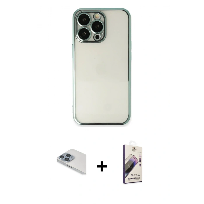 MARSİLYAN™- iPhone 13 Pro Max Kılıf Vadi Minimal - Siyah Bilvis 3D Mat Cam Ekran Koruyucu + Pers Alüminyum Kamera Lens - SABE