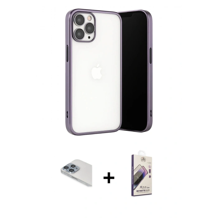 MARSİLYAN™- iPhone 13 Pro Max Kılıf Vadi Minimal - Siyah Bilvis 3D Mat Cam Ekran Koruyucu + Pers Alüminyum Kamera Lens - SABE