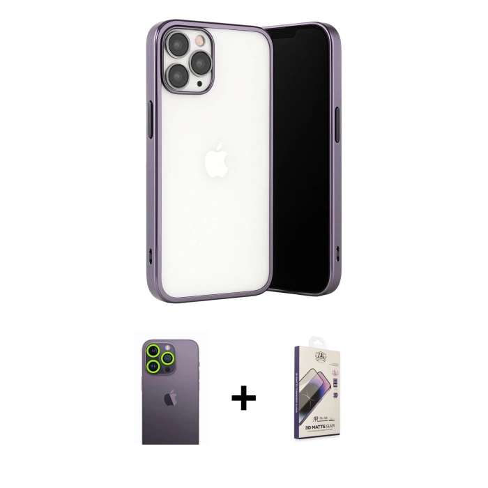 MARSİLYAN™- iPhone 13 Pro Max Kılıf Vadi Minimal - Siyah Bilvis 3D Mat Cam Ekran Koruyucu + Neon Fosforlu Kamera Lens - YL