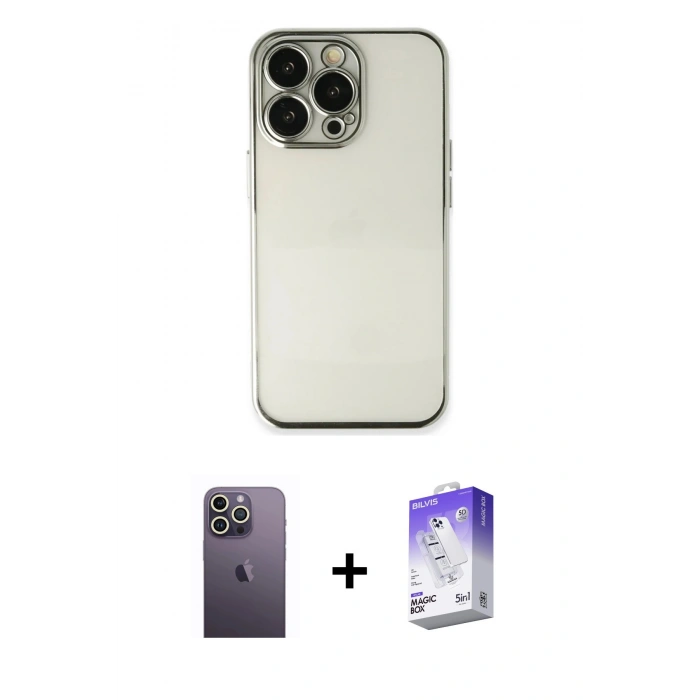 MARSİLYAN™- iPhone 13 Pro Max Kılıf Vadi Minimal - Siyah Bilvis 5in1 3D Magic Cam Ekran Koruyucu + Neon Fosforlu Kamera Lens - BZ