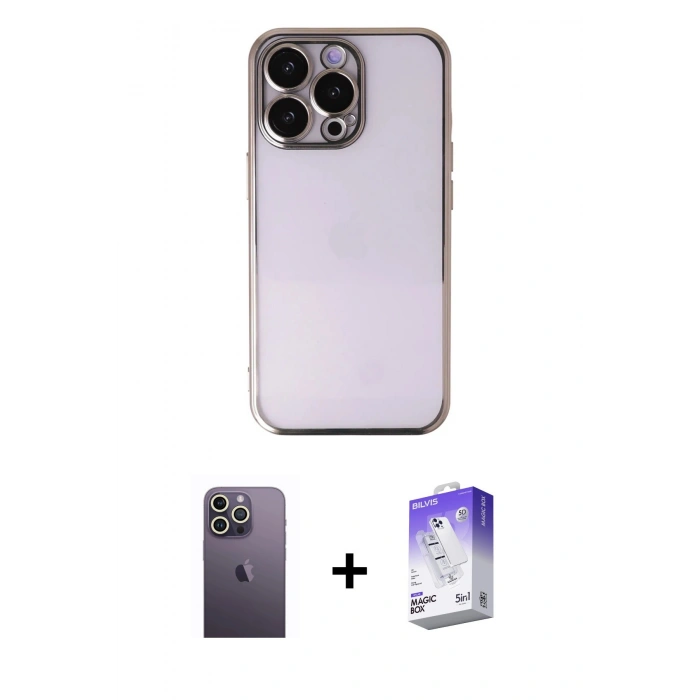 MARSİLYAN™- iPhone 13 Pro Max Kılıf Vadi Minimal - Siyah Bilvis 5in1 3D Magic Cam Ekran Koruyucu + Neon Fosforlu Kamera Lens - BZ