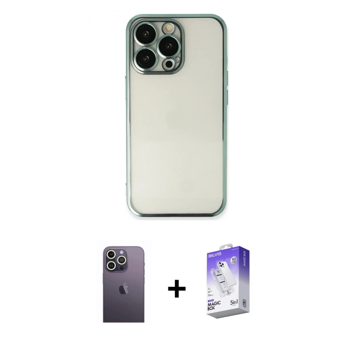 MARSİLYAN™- iPhone 13 Pro Max Kılıf Vadi Minimal - Siyah Bilvis 5in1 3D Magic Cam Ekran Koruyucu + Neon Fosforlu Kamera Lens - BZ