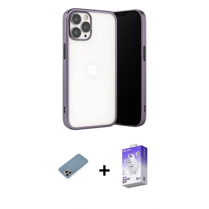 MARSİLYAN™- iPhone 13 Pro Max Kılıf Vadi Minimal - Siyah Bilvis 5in1 3D Magic Cam Ekran Koruyucu + Gökkuşağı Shine Kamera Lens Koruma Cam